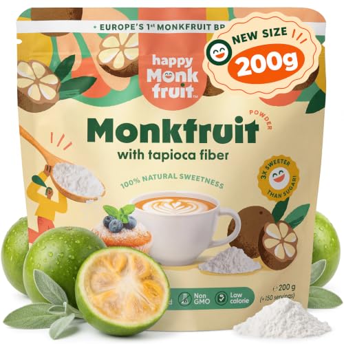 Monk Fruit Powder 200g Sweetener 150 Servings 3x Sweeter Than Sugar - Soluble Tapioca Fibre Without Erythritol or Sugar Alcohols - Natural Sugar Substitute Keto Vegan | Happy Monkfruit