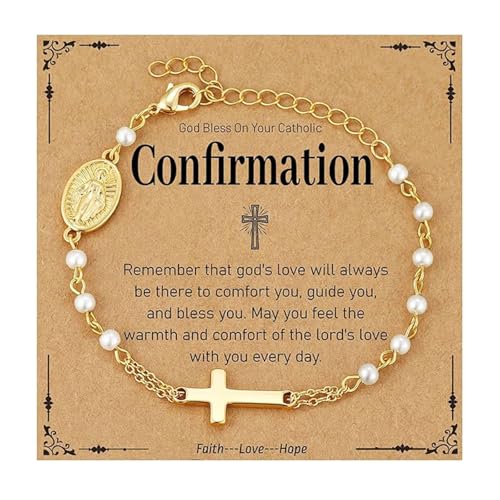 Muorruo Pulseras Católicas como Regalos para Mujeres y Niñas, Pulsera con Perlas Simuladas, Cuentas de Rosario y Colgante de Cruz, Joyería de Confirmación, Regalo Cristiano, Oro