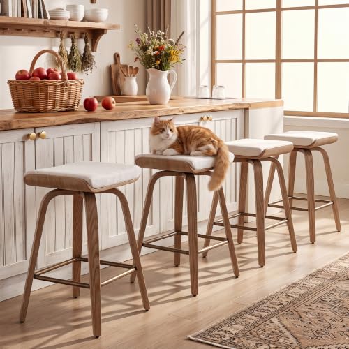 Image of HNY 26 inch Swivel Bar Stools Set of 2, Backless Counter Height Bar Stools with Removable Linen Cushion, 360 Swivel Wooden Saddle Stools with Footrest for Kitchen Island, Home Bar & Small Spaces
