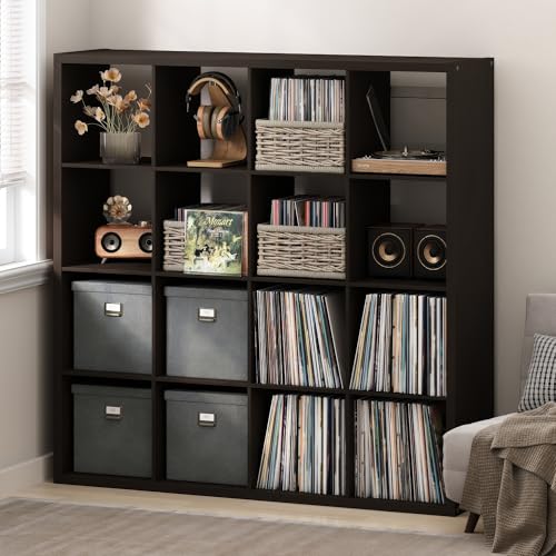 Image of Furinno Cubicle Record Player Stand, 16-Cube Record Storage, Dark Oak | Vinyl Storage, 1.2 inchInch Extra Thick, Open Back Media Shelf for CD DVD Bluray Game Disc, for Living Room, Home Office