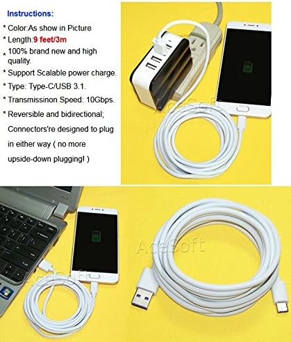 High Efficiency 9 Feet USB 3.1 Reversible High Reliable Cable Charging Power Data Wire Compatible with Samsung Galaxy S8 SM-G950U Phone - Quick Charging