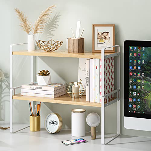 Image of YGYQZ Desk Shelf Organizer for Top of Desk, Detachable 2 Tier Desktop Bookshelf, Wooden Desk Shelves Storage Rack, Small Desktop Shelf for Office Home Dorm, Tabletop Desk Organizer Stand (White Wood)