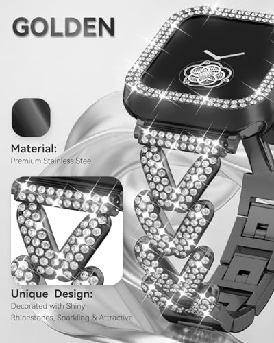 Image of Rhinestones Encrusted Metal Bracelet and Case, Compatible with Apple Watch Bands 38mm-49mm (Series 11 /1 /SE /Ultra 2)- Bling Gold Women's Jewelry Strap, Luxury iWatch Bracelet with Screen Protector