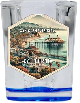 San Clemente City California Travel Destination Souvenir 2 Ounce Shot Glass Square Blue Base Single
