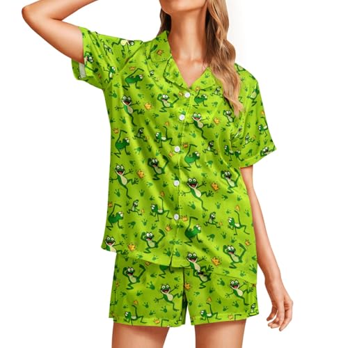 Image of Funny Pajamas for Women Set Print Satin Loungewear Pjs Short Sleeve Button Down Top and Shorts Sets Sleepwear XS-3XL