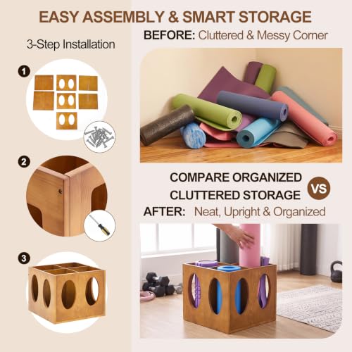Image of Sintuff Vintage Wood Yoga Mat Holder Storage Organizer Floor Standing Foam Roller Holder Rack for Home Yoga Mats Gym Sports Exercise Accessories Dumbbell Resistance Bands