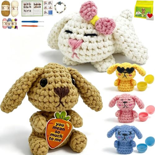 Image of LuNuaFvy Bunny Family | Starter Kit: Make 5 Bunnies, Video & Paper Guide, Split-Resistant Yarn, 2 Size Hooks, Eggs, Bracelet, Zipper Bag, Gift