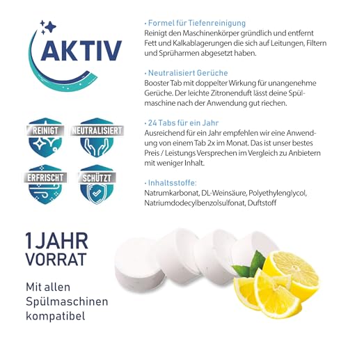Aktiv 24x Spülmaschinenreiniger Tabs extra stark gegen Geruch & Kalk | Geschirrspüler Reiniger mit Formel für Tiefenreinigung | Hygiene Reinigung 1 Jahres Vorrat 3