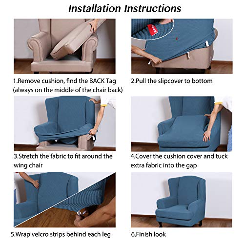 Turquoize Super Stretch Stylish Furniture Cover/Wingback Chair Cover with Elastic Bottom Anti-Slip Foam Sticks Featuring Jacquard Fabric Small Checks Fabric (Wing Chair, Dustyblue)