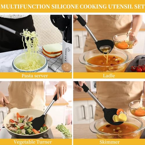 Silicone Kitchen Cooking Utensils Set with Stainless Steel Handle, Spatula Set Utensil Set, Cooking Utensil Set,Kitchen Tools Gadgets for Nonstick Cookware (35, Black) — view 2