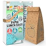 Disposable Lunch Bags for Kids - Cute Kraft Paper Snack Bags for School, Picnic, Birthday Party, Sandwich - Value 50pc (2 Pack)