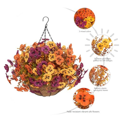 Image of 2 Set Artificial Fall Hanging Flower Baskets for Outdoor Autumn Decor, 2 Fall Hanging Baskets with 24Pcs Silk Fake Mums Plants for Front Porch Garden Patio Balcony Yard Home Decoration