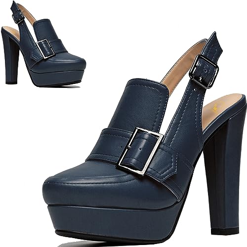 Image of SHODENSE Women Vintage Platform Chunky High Heels Pumps Shoes Round Closed Toe Platform Loafers Ankle Strap Block Heel Slingback Summer Sandals Backless Buckle Loafer Ladies Chic Sexy Party 4-11 M US