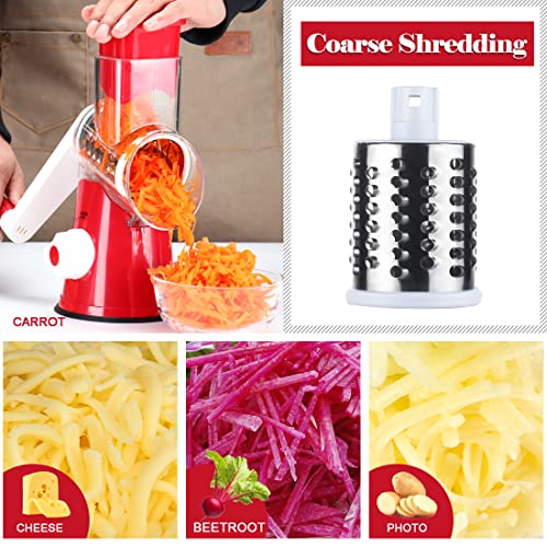 Ourokhome Rotary Cheese Grater Hand Crank, Kitchen Shredder Speed Mandolin Slicer Nut Grinder with Handle and Drum Blades for Cheese, Vegetable, Walnut, Chocolate, Potato, Carrot, 3 Blades, Red - Thumbnail 3