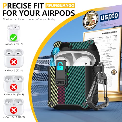 Image of RFUNGUANGO for Airpods 2nd and 1st Generation Protective Cases Automatic Pop-up with Safety Lock Clip, Full Body Shockproof Hard Case with Keychain (Cleaning Tool)-Carbon Fiber Green