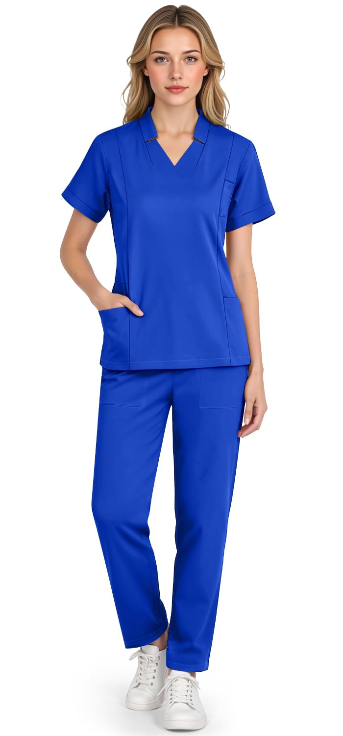 Womens Scrub Set - V-Neck Slit Top Tapered Pants 9-Pocket Stretch Nurse Uniform for Healthcare Professionals