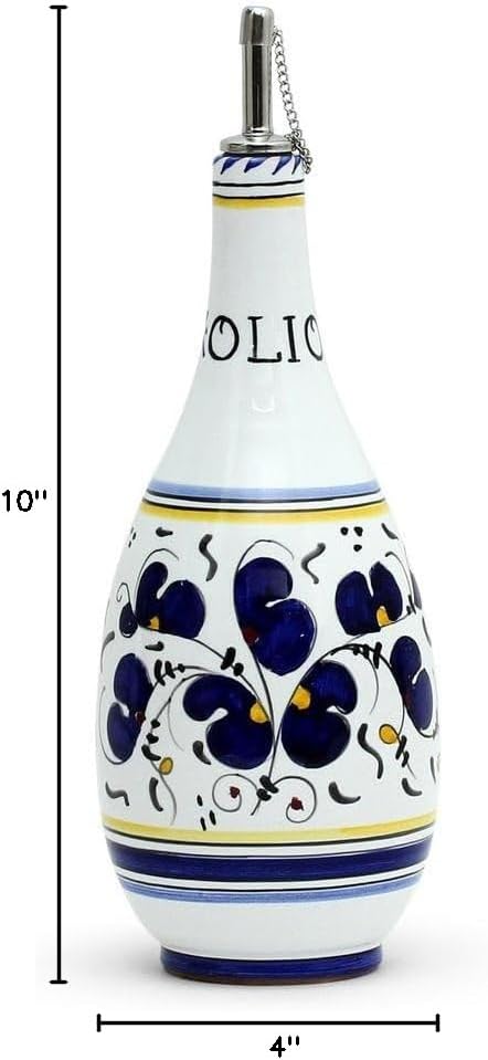 ORVIETO BLUE ROOSTER: Olive Oil Slim Bottle Dispenser - Handpainted in Italy. Shipped from the USA with Certificate of Authenticity.