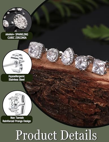 JeryWe 5 Pairs 316L Surgical Steel Cubic Zirconia Stud Earrings for Women Men Hypoallergenic CZ Earring Stacks Brilliant Simulated Diamond Square Round Teardrop Halo Earrings for Women Trendy4