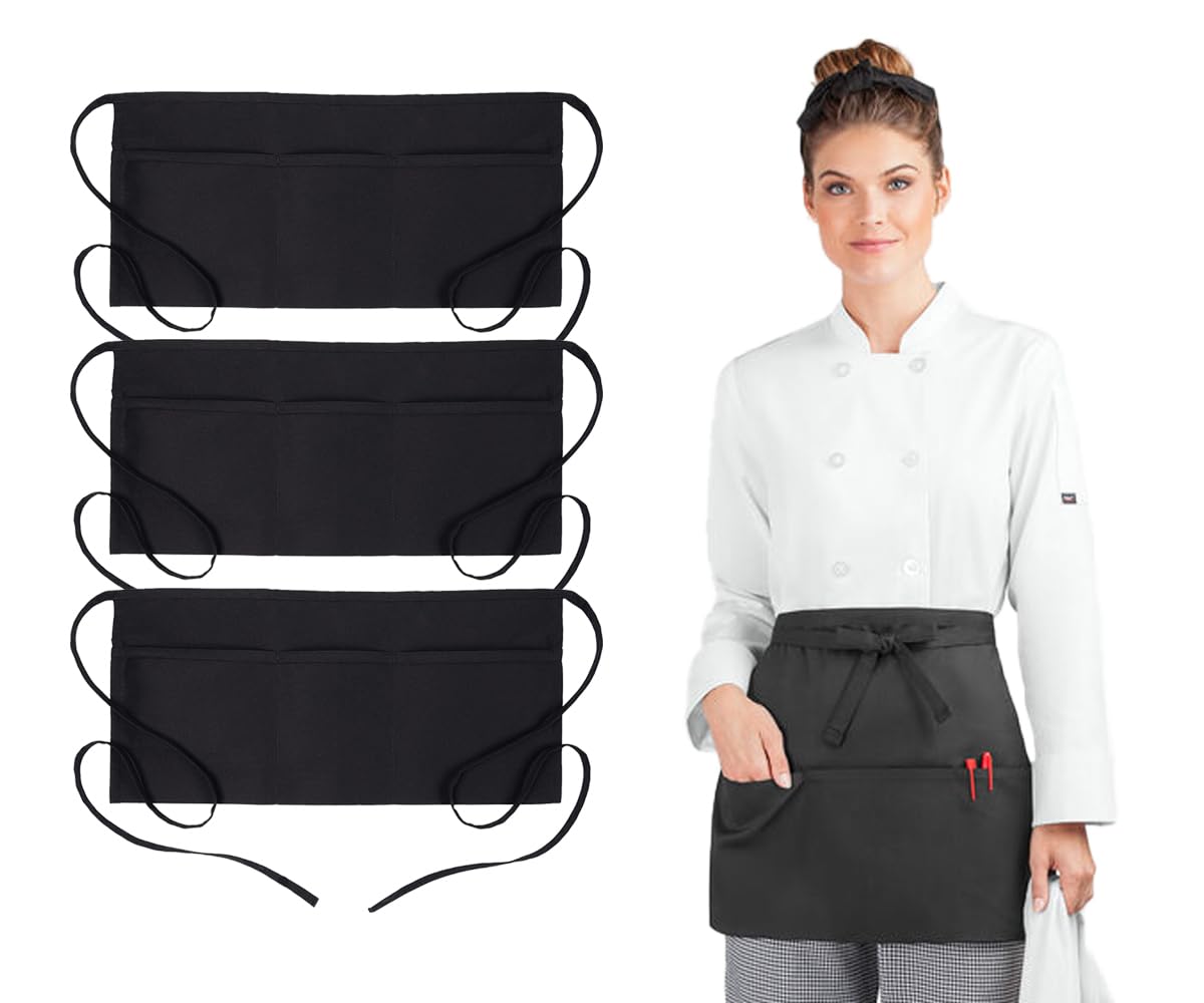 Avalon KitchenAvalon Kitchen Server Aprons Waitress Apron with 3 pockets Waist Apron for Women and Man 24x12 Inches, Half apron with pocket