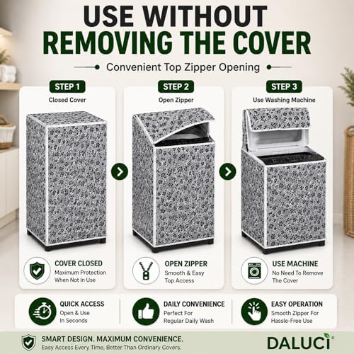 Image of DALUCI Top Load Fully Automatic Washing Machine Cover | Waterproof & Dustproof Polyester Fabric with Zipper | Protective Cover for Washing Machine (Black & Grey, 59X59X86 CM)