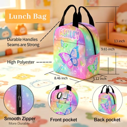 Image of Custom Girls Backpack for Kids Personalized Backpacks Set Back to School | Kid Customized Toddler Backpack for Girl with Lunch Bag Book Bag Kindergarten Prek Preschool Gifts Black Rainbow Butterfly
