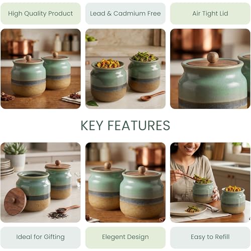 Image of The Earth Store Rustic Green Ceramic Jar Set of 2, 800ML Airtight Kitchen Storage Containers | Ceramic Jars for Spices, Sugar & Pickle Storage | Multipurpose Food Storage Containers for Kitchen