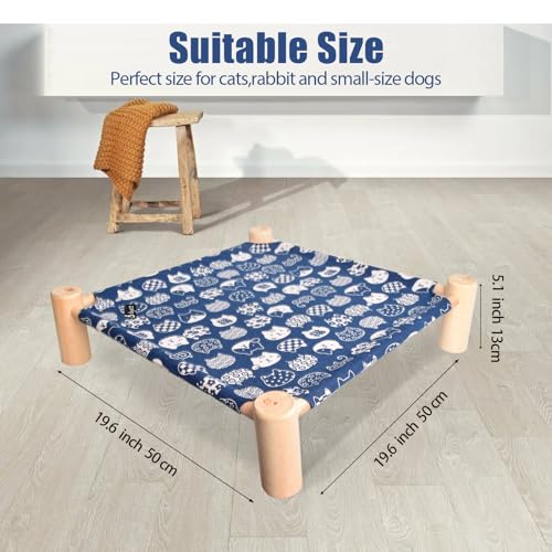 Cat/Dog Bed,Wooden Pet Hammock Bed,Elevated Breathable Dog Bed, Detachable Portable Indoor/Outdoor Cat Beds&Furniture,Suitable for Kitty,Puppy,Bunny and Small Animal(Blue Cats)