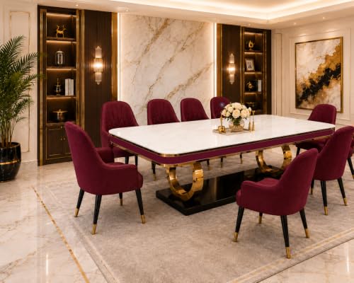 Image of 8-Seater Dining Table with Nano Composite Marble Top and PVC Golden Wooden Base |2yr Warranty - Includes 8 Fabric Upholstered Chairs