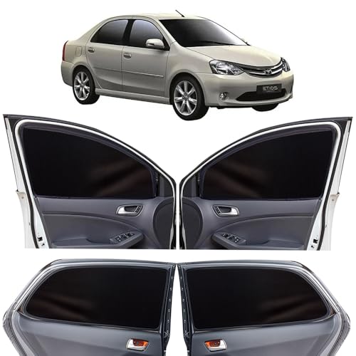 Image of OTO2EYE Car Sun Shade Compatible for Toyota Etios Model-2010-2020, Z-Black Super Magnetic Grip, Front Window Zipper, Side Window Curtains, 4 Pieces Set