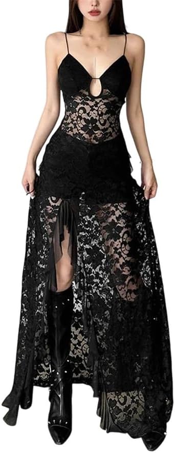 Women See Through Lace Sleeveless Long Dress Patchwork Backless V-Neck Side Slit Party Evening Maxi Dress