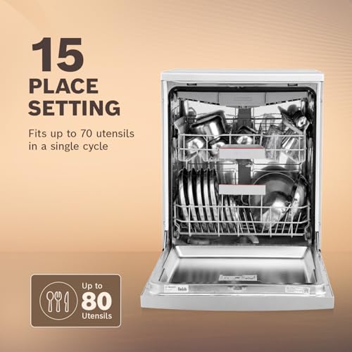 Image of Bosch 15 Place Setting (fits up to 80 utensils) Free-Standing Dishwasher for Indian Utensils | Hygiene+ & Intensive Kadhai Program (SMS46KI03I, Silver Inox, Inbuilt Heater, Removes 99.9% Germs)