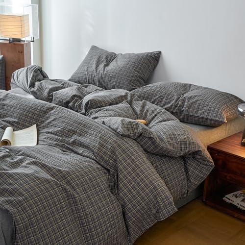Image of EAVD Vintage Style Grey Plaid Gingham Duvet Cover Full 100% Washed Cotton Like Linen Feel Soft Grid Plaid Bedding Set with 2 Pillowcases Farmhouse Grid Geometric Pattern Duvet Cover with Zipper