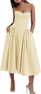 Shuanghao Summer Dresses for Women Sexy Corset Sleeveless Spaghetti Straps Swing A-line Midi Sun Dress Chic Elegant Casual Dress Bohemian Beach Long Dress with Pockets