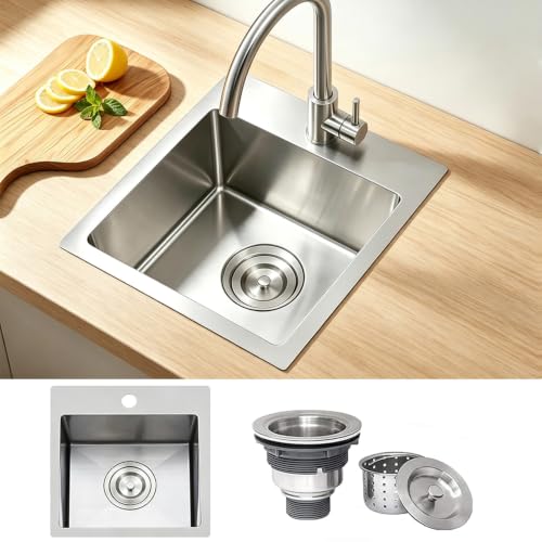Image of KINGO HOME Drop In Bar Sink,15 x 15 Inch Topmount RV 16 Gauge Stainless Steel Single Bowl Small Kitchen Sink,Outdoor Handmade Stainless Steel Wet Bar Perp Sink with Drain