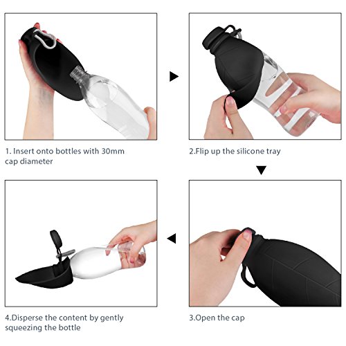 Flexzion Portable Dog Water Bottle Dispenser 500Ml 17Oz Black Silicone Dog Travel Water Bowl, Outdoor Pet Water Bottle With Flip-Up Tray Feeder And Hanging Buckle #TOP4