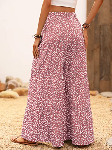 Makemechic Women's Floral High Waisted Ruffle Wide Leg Pants Boho Summer Beach Palazzo Pants Multicolor L #TOP1