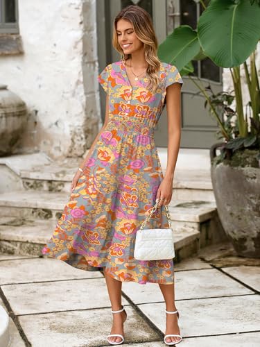 Image of BerryGo Women's Floral Boho Ruffle Summer Midi Dress Short Sleeve V Neck Empire Waist Swing Flowy Dress