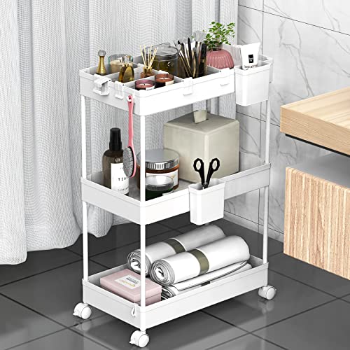 SPACEKEEPER Storage Trolley 3-Tier Rolling Utility Cart Slide Out Shelving Organization Shelf for Laundry Bathroom Kitchen with Small Containers & Hooks White