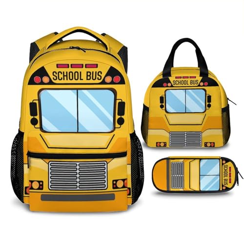 School Backpacks Set for Kids Boys, School Bus Backpacks Matching Combo for Preschool Primary, Lightweight Bus Bookbag with Lunch Box Bundle