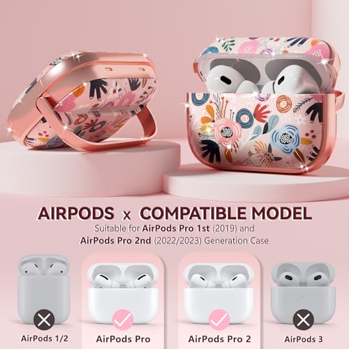 Image of Inesore for AirPods Pro 2nd /1st Case (2023-2019)-Pink Berry Flower | with Safty Lock,Two-Piece Design,with Gold Keychain & Clean Pen,Support Wireless Charging,Cute Luxury Case for Women Girly