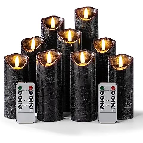 Pandaing Set of 9 Black Regular Textured Flameless Candles Battery Operated LED Real Wax Flickering Electric Candles with Remote Control Timer for Wedding Birthday Halloween Christmas Decorations Cover