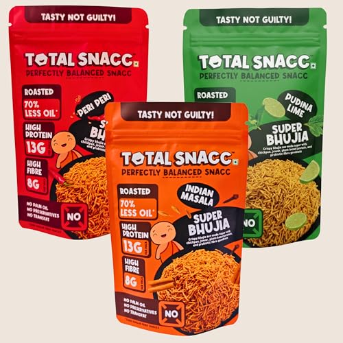 Image of TOTAL SNACC Roasted Protein Bhujia Combo (70g x 6 Packs) | 13g Protein & 8g Fibre per pack | 70% Less Oil | No Palm Oil | Indian Masala, Peri Peri, & Pudina Lime | Healthy Snacks Combo | Millet Bhujiya | Baked Bhujia Sev | Baked Namkeen | Diabetic Friendly | Low Calorie