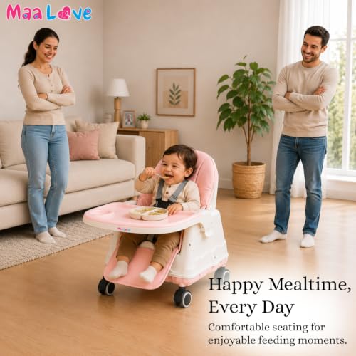 Image of Maa Love 4-in-1 Baby High Chair for 0-5 Years, Adjustable Height Feeding Chair with Detachable Tray, One-Hand Fold, Multifunctional High Chair (Pink)