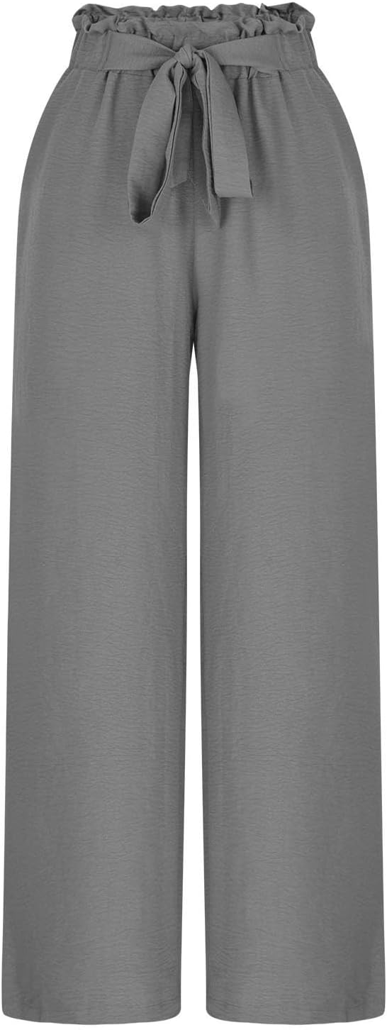 Womens Casual Wide Leg Pants Drawstring High Waist Palazzo Flowy Trousers with Pockets Beach Vacation Outfits