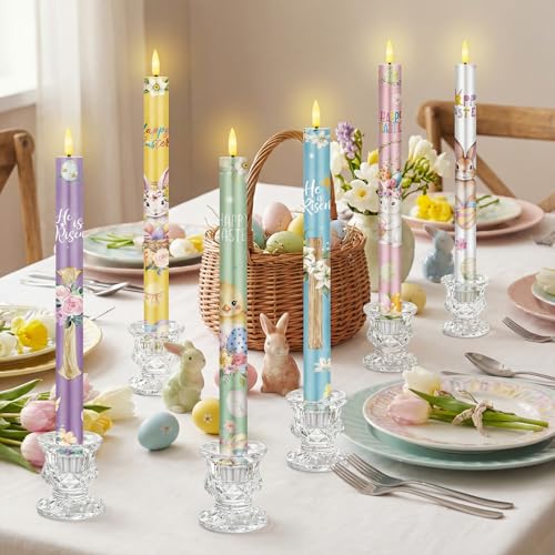 Image of Aurelema 6 Pcs Easter Flameless Candle Set Spring Bunny He Is Risen Taper Candles with Battery Operated Floral Seasonal Celebration LED Candles with Remote Timers for Christian Easter Home Decor Gifts