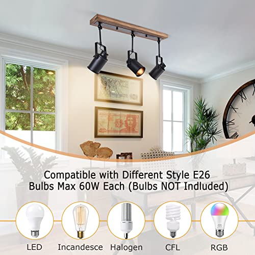 Lingkai Track Lighting Fixtures 3 Lights, Adjustable Track Lighting Heads Industrial Wood Canopy for Ceiling and Wall - Thumbnail 6