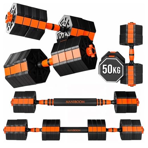 ManiBoom Juego de Pesas y Mancuernas 2 en 1 Ajustables - Juego Mancuernas 10kg - 50kg ANTIDESLIZANTES - Juego de Pesas para Casa con Barra Ajustable y Cierres de SEGURIDAD - Kit de Ejercicio