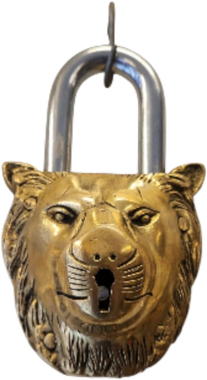 Brass Lion Padlock with Two Keys, Animal Functional Antique Lock, Indian handicrafts Brass Temple Lock