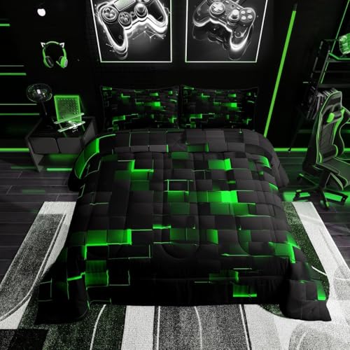 Image of Erosebridal Black Green Comforter Set Full Neon Geometric Checkered Bedding Set for Kids Boys Gaming Room Decor,Teen Men Abstract Stereoscopic Grids Quilt Square Plaid Check Bed Set 3 Pcs