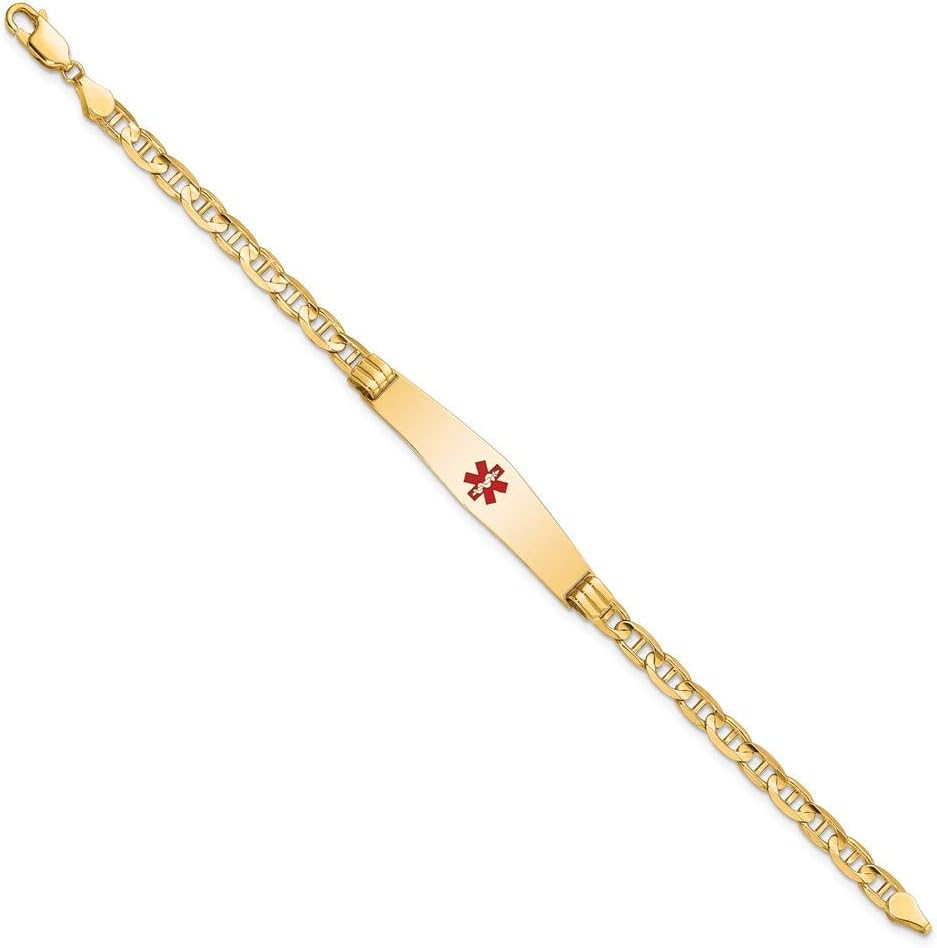 Engravable Personalized Custom 14K Yellow Gold Medical Soft Diamond Shape Red Enamel Anchor Link ID Bracelet For Men or Women Length 8 inches Width 9 mm With Lobster Claw Clasp